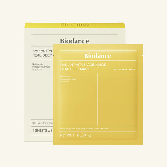 Biodance Radiant Vita Niacinamide Real Deep Mask 4pcs × 34 g – Korean brightening deep nourishing mask with niacinamide
