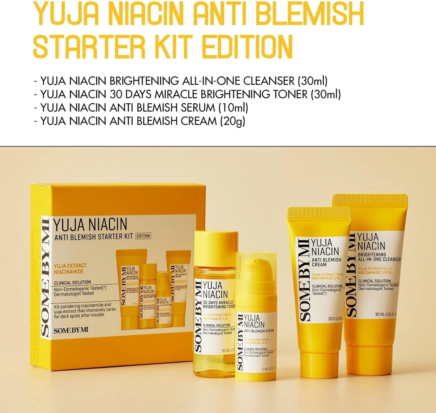 SOME BY MI Yuja Niacin Anti-Blemish Starter Kit – a kit for lightening and hyperpigmentation (cleansing gel, toner, serum, cream).
